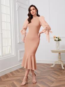 Modelyn 荷葉袖打結魚尾裙下擺洋裝 - 淺粉色 - 查看 3