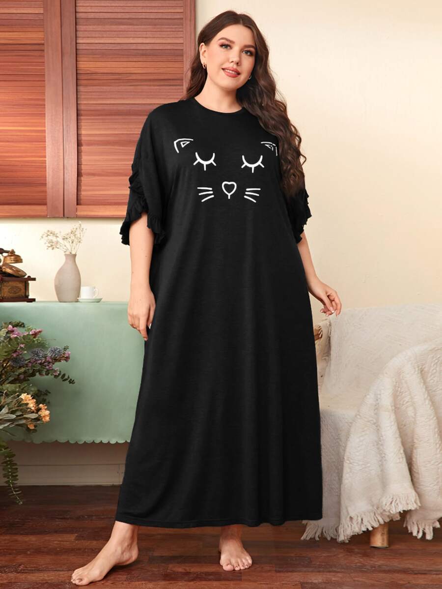 SHEIN Unity Plus Cartoon Graphic Ruffle Trim Petal Sleeve Sleep Dress, Moo Moo Sleep Dress - Black - View 1