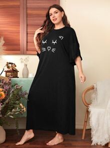 SHEIN Unity Plus Cartoon Graphic Ruffle Trim Petal Sleeve Sleep Dress, Moo Moo Sleep Dress - Black - View 4