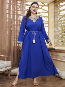 大碼花卉刺繡流蘇腰帶直筒連衣裙 - 寶藍色 - 查看 3