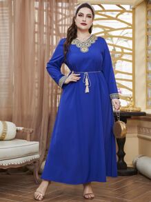 大碼花卉刺繡流蘇腰帶直筒連衣裙 - 寶藍色 - 查看 4