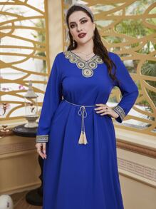 大碼花卉刺繡流蘇腰帶直筒連衣裙 - 寶藍色 - 查看 5