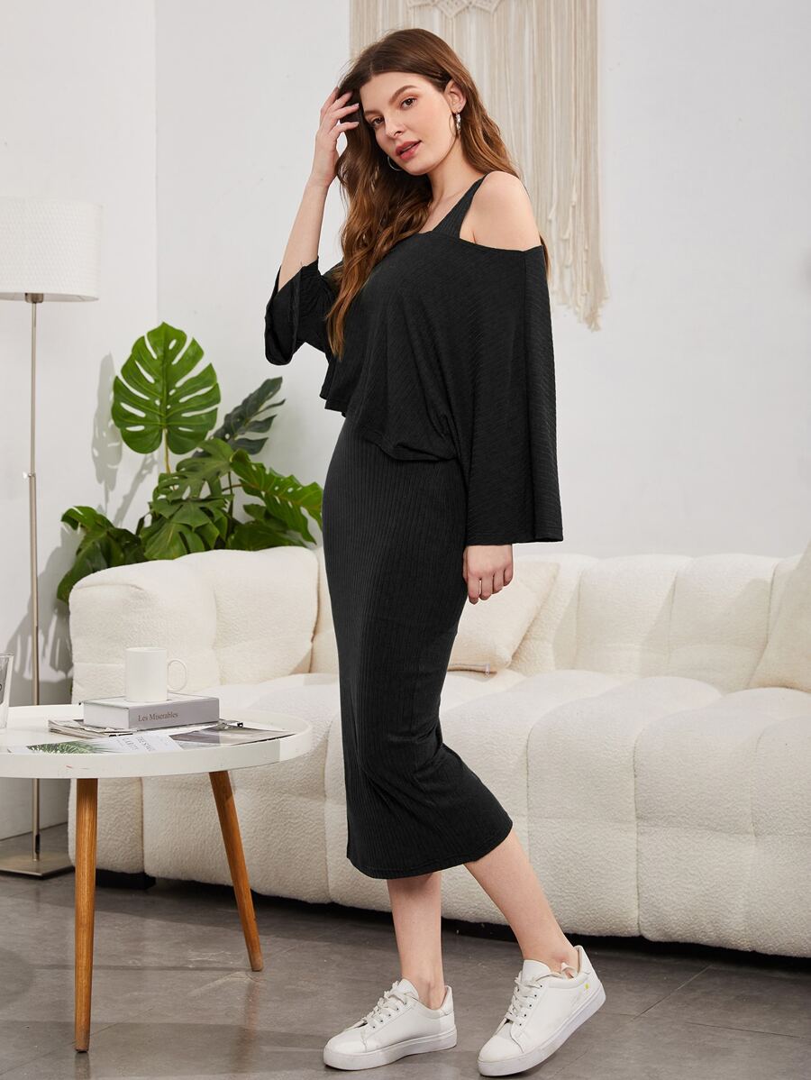 Mulvari 蝙蝠袖上衣和下擺開叉緊身洋裝套裝 - 黑色 - 查看 1