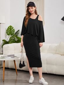 Mulvari 蝙蝠袖上衣和下擺開叉緊身洋裝套裝 - 黑色 - 查看 3