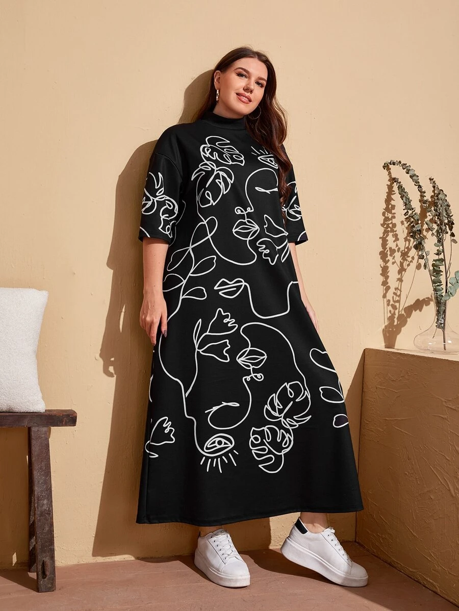 Mulvari Plus Figure Graphic Mock Neck Dress - Black - View 1