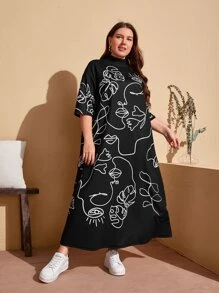 Mulvari Plus Figure Graphic Mock Neck Dress - Black - View 4