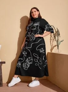 Mulvari Plus Figure Graphic Mock Neck Dress - Black - View 5