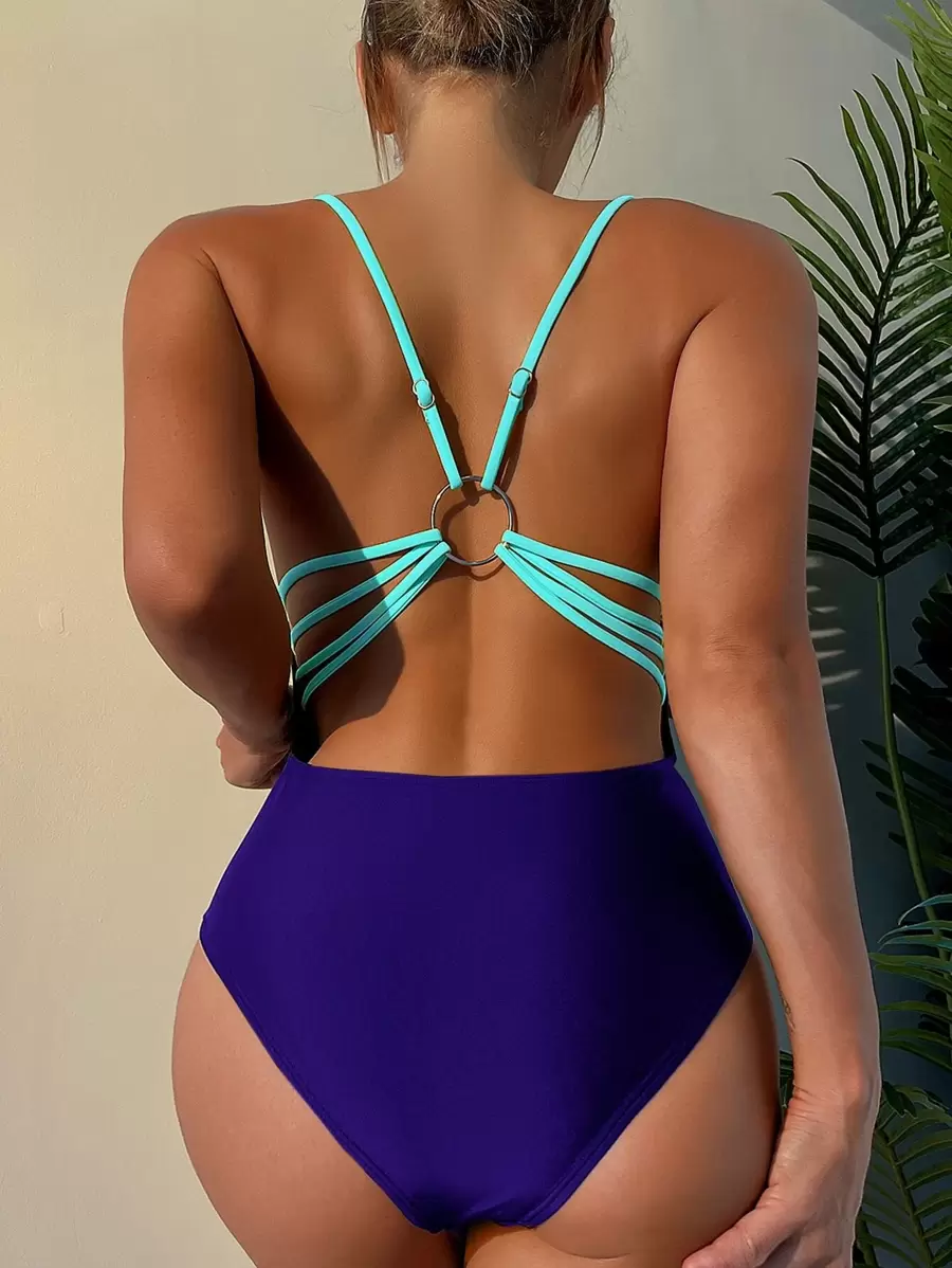 Ring Linked Backless One Piece Swimsuit Summer - Royal Blue - View 1