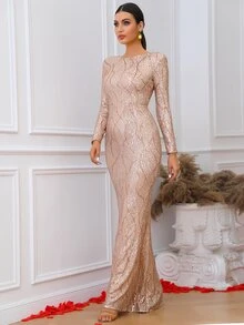 LOVE&LEMONADE Đầm Lộ Lưng Dây kéo màu trơn Hấp dẫn - Rượu sâm banh - Xem 5