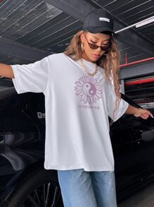 太極和字母圖案落肩T恤 - 白色 - 查看 3