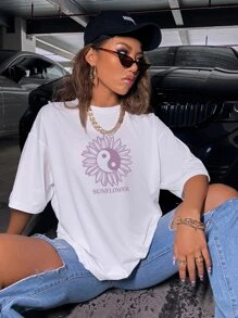 太極和字母圖案落肩T恤 - 白色 - 查看 5