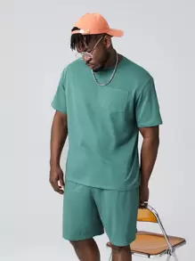 EASEVO Men Plus Cotton Patched Pocket Tee & Drawstring Waist Shorts - Cadet Blue - View 1