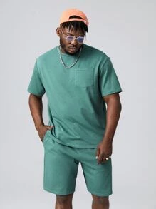 EASEVO Men Plus Cotton Patched Pocket Tee & Drawstring Waist Shorts - Cadet Blue - View 3