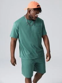 EASEVO Men Plus Cotton Patched Pocket Tee & Drawstring Waist Shorts - Cadet Blue - View 5