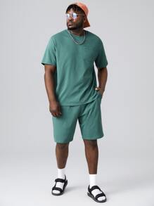 EASEVO Men Plus Cotton Patched Pocket Tee & Drawstring Waist Shorts - Cadet Blue - View 6