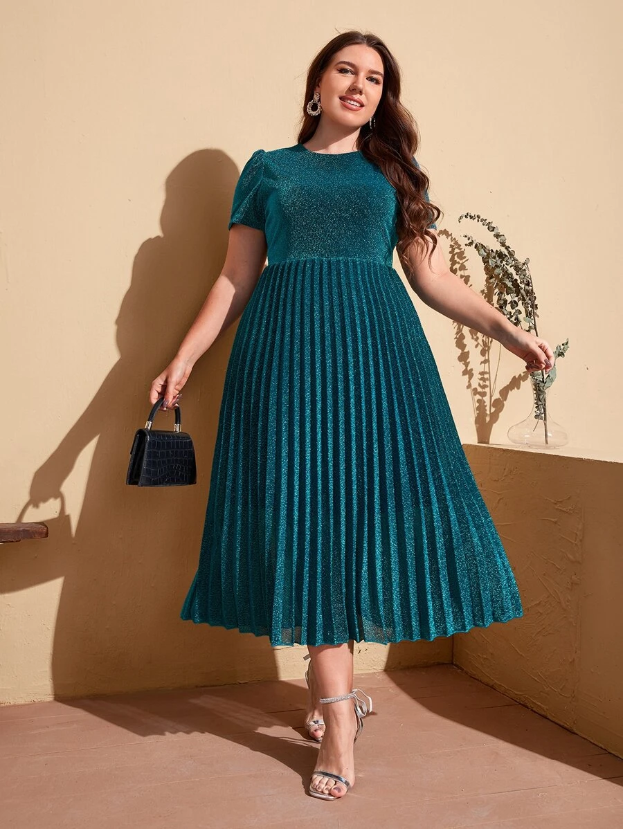 SHEIN Plus Pleated Glitter Dress - Teal Blue - View 1