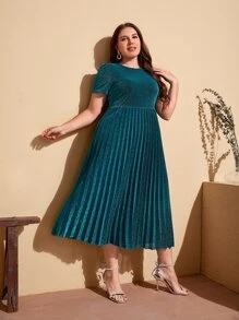 SHEIN Plus Pleated Glitter Dress - Teal Blue - View 3