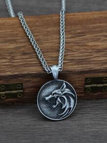 時尚流行男士狼細節圓形吊墜項鍊合金，適合珠寶禮物和時尚外觀 - 復古銀色 - 查看 1