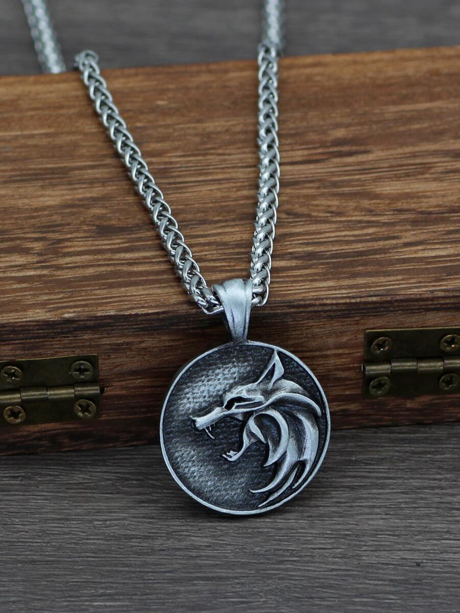 時尚流行男士狼細節圓形吊墜項鍊合金，適合珠寶禮物和時尚外觀 - 復古銀色 - 查看 1