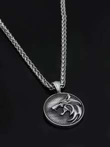 時尚流行男士狼細節圓形吊墜項鍊合金，適合珠寶禮物和時尚外觀 - 復古銀色 - 查看 3