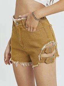 Raw Hem Strap Detail Denim Shorts - Brown - View 3