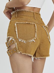 Raw Hem Strap Detail Denim Shorts - Brown - View 4