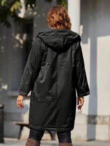 大码图案印花插肩袖抽绳连帽夹棉大衣 - 黑色 - 查看 2