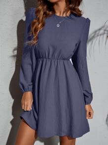 SHEIN Clasi Solid Bishop Sleeve A Line Dress - Dusty Blue - View 1