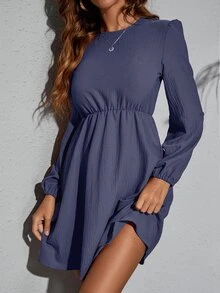 SHEIN Clasi Solid Bishop Sleeve A Line Dress - Dusty Blue - View 4