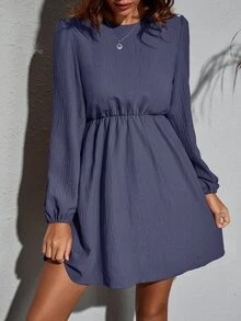 SHEIN Clasi Solid Bishop Sleeve A Line Dress - Dusty Blue - View 5