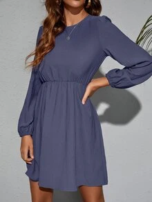 SHEIN Clasi Solid Bishop Sleeve A Line Dress - Dusty Blue - View 6