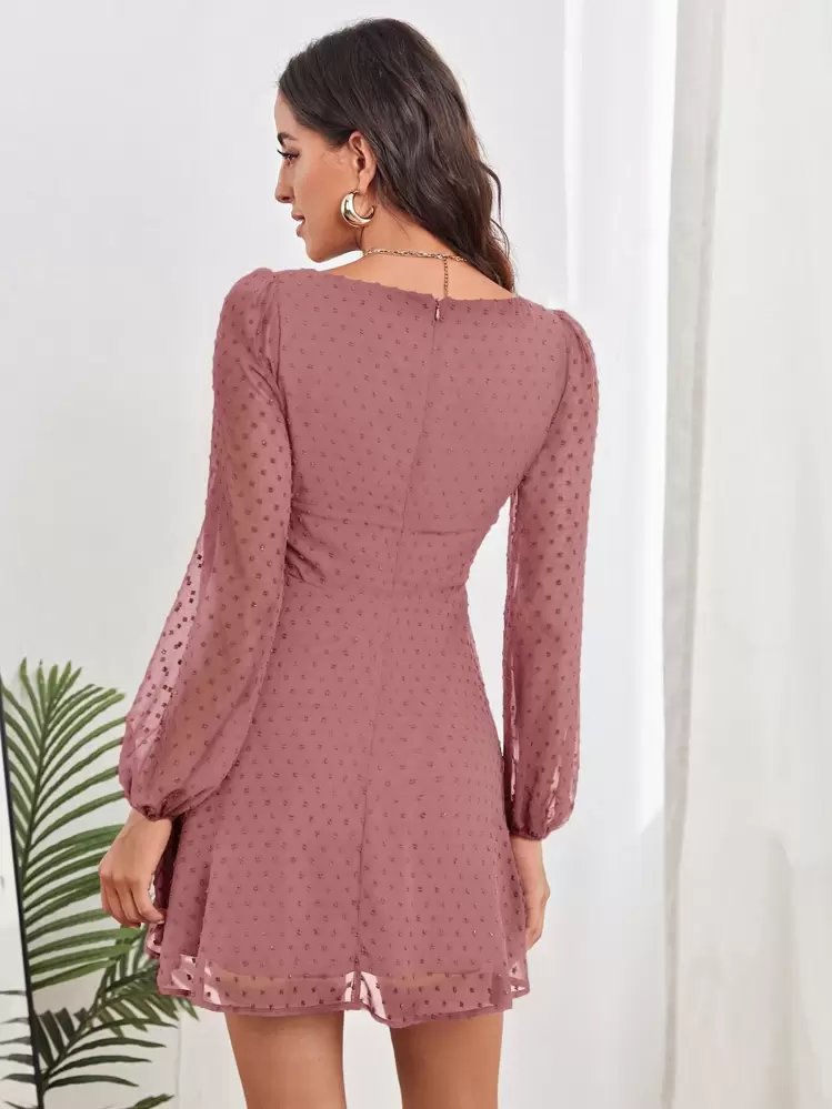 shein ruched bust lantern sleeve swiss dot dress SHEIN Privé Ruched Bust Lantern Sleeve Swiss Dot Dress