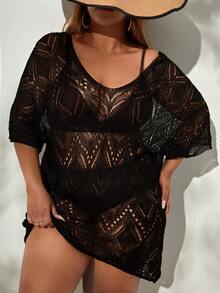 Plus Hollow Out Dolman Sleeve Cover Up Without Bikini Set - Black - View 3