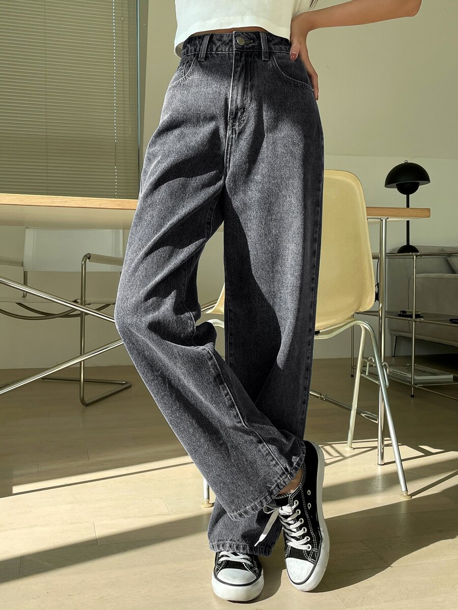 DAZY 高腰洗水寬腿牛仔褲 - 深灰色 - 查看 1