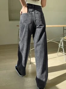 DAZY 高腰洗水寬腿牛仔褲 - 深灰色 - 查看 2