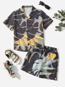 SHEIN 男孩1入組圖案印花襯衫和1入組短褲 - 彩色 - 查看 1