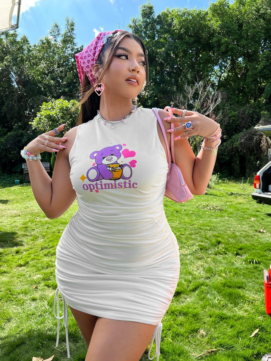 SHEIN Đầm Plus Size Dây kéo Thắt nút Xù Hoạt hình Lá thư Giải trí - trắng - Xem 1