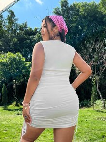 SHEIN Đầm Plus Size Dây kéo Thắt nút Xù Hoạt hình Lá thư Giải trí - trắng - Xem 2
