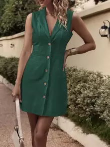 SHEIN Unity Đầm Nút phía trước màu trơn Thanh lịch - Màu xanh lá cây đậm - Xem 7