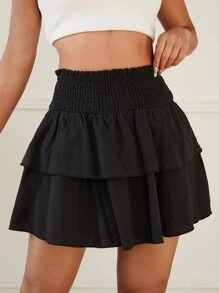SHEIN PETITE Solid Shirred Frill Trim Layered Skirt - Black - View 4