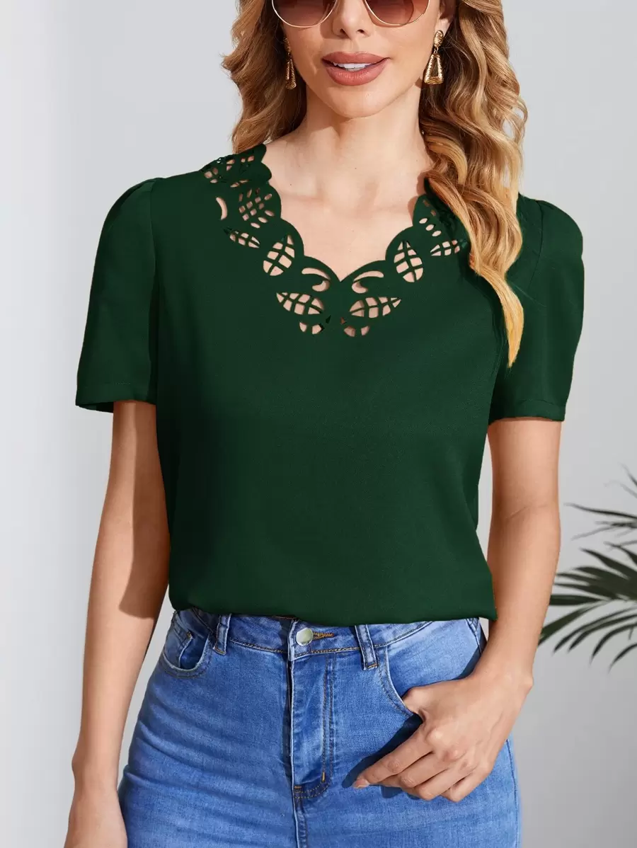 SHEIN Clasi Solid Scallop Trim Cut Out Blouse - Dark Green - View 1