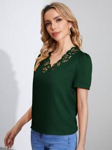 SHEIN Clasi Solid Scallop Trim Cut Out Blouse - Dark Green - View 3