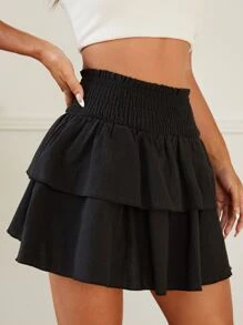 SHEIN PETITE Solid Shirred Frill Trim Layered Skirt - Black - View 5