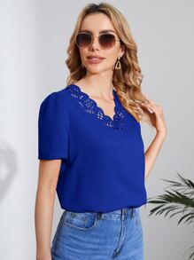 SHEIN Clasi Áo sơ mi nữ Cắt ra Sò điệp màu trơn Giải trí - Xanh đậm - Xem 6