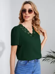 SHEIN Clasi Solid Scallop Trim Cut Out Blouse - Dark Green - View 5