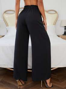 SHEIN PETITE 黑色系帶紙袋腰身褲 - 黑色 - 查看 2