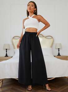 SHEIN PETITE 黑色系帶紙袋腰身褲 - 黑色 - 查看 4