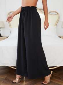 SHEIN PETITE 黑色系帶紙袋腰身褲 - 黑色 - 查看 5