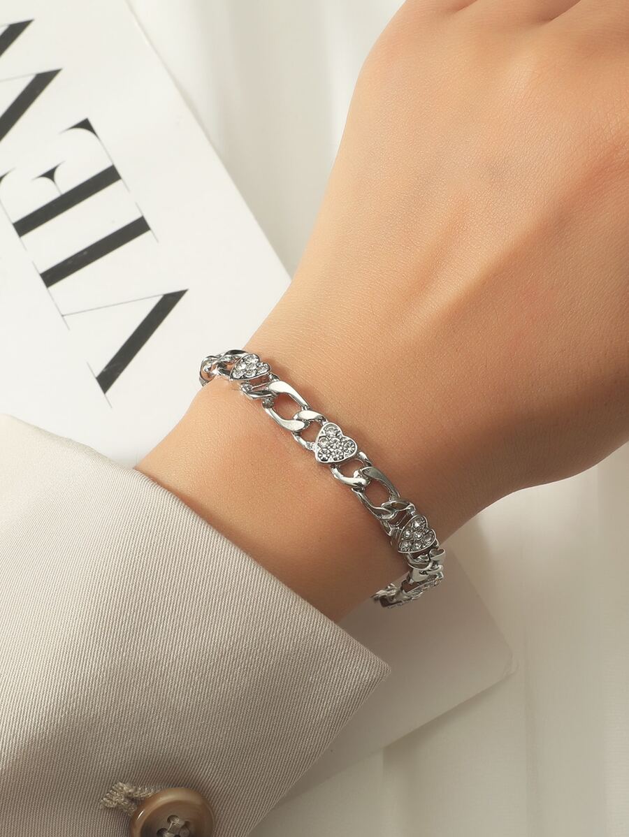 水鑽心形裝飾扣環手鐲 - 銀色 - 查看 1