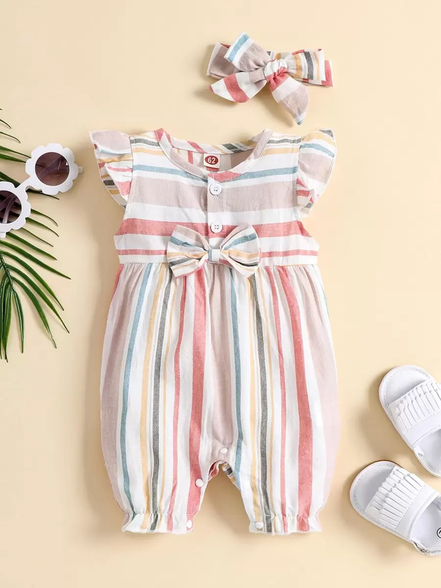 Baby Girl Striped Ruffle Trim Button Bow Front Romper With Headband - Multicolor - View 1